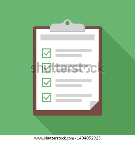Clipboard with checklist. Exam or test form with checkboxes. Green background with shadow. EPS 10