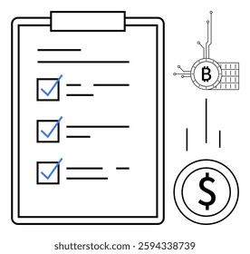 A clipboard with a checklist featuring blue checkmarks to the left, digital currency symbols like Bitcoin and dollar on the right. Ideal for finance, cryptocurrency, digital transactions