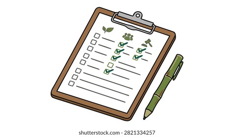 A clipboard with a checklist featuring environmental and social icons, accompanied by a green pen on a white background.