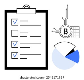 A clipboard with a checklist featuring three checked boxes and one unchecked box is next to a Bitcoin symbol with circuit lines and a pie chart. Ideal for organization, productivity, fintech