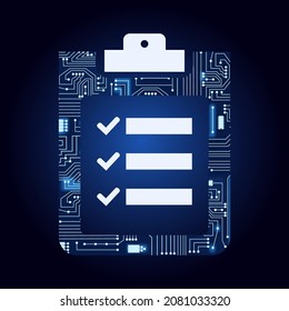 Clipboard with checklist filled in by electronic circuit. Blue and gradient background.