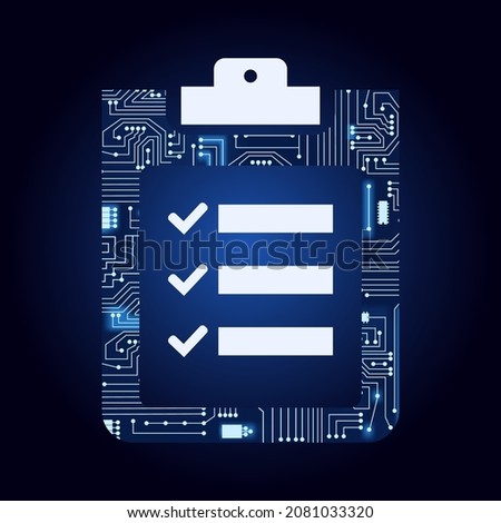Clipboard with checklist filled in by electronic circuit. Blue and gradient background.