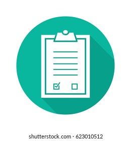 Clipboard checklist flat design long shadow icon. Medical clip board. Vector silhouette symbol