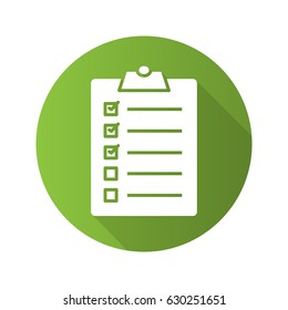 Clipboard checklist flat design long shadow icon. To do list. Vector silhouette symbol