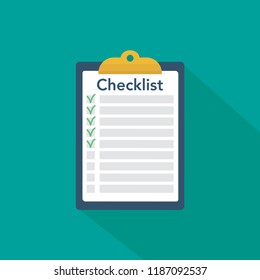 Clipboard with checklist. Flat vector icon