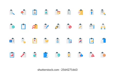 Clipboard, checklist form with ticks on paper sheet color icon set. Human hands with board, pen to register survey data and task, write and record notes in document flat elements vector illustration