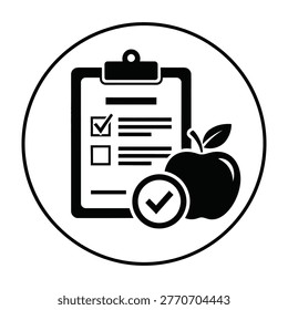 A clipboard with a checklist and a fresh apple on a table, symbolizing healthy eating and organization