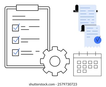 A clipboard with a checklist, a gear, a calendar, and a document with a checkmark. Ideal for productivity, task management, organization, scheduling, workflow optimization. Simple clean design