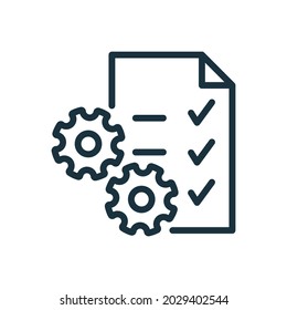 Clipboard or Checklist and Gear Line Icon. Technical Check List Linear Pictogram. Project Management, Software Development Outline Icon. Editable Stroke. Isolated Vector Illustration.