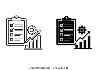 Zwischenablage mit Checkliste und Grafik mit Zahnrädern und Aufwärtstrendpfeil