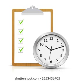 Lista de verificação da área de transferência com marcas de seleção verdes e relógio de parede analógico representando o planejamento do cronograma de gerenciamento de tempo ou a conclusão da tarefa.