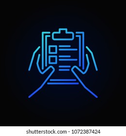 Clipboard with checklist in hands vector outline blue icon or logo element on dark background