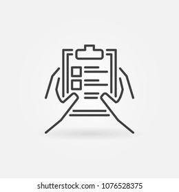 Clipboard with checklist in hands vector outline icon or design element