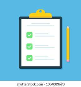 Clipboard with checklist icon. Checklist complete tasks, to-do list, survey, exam concepts. Best quality. Flat illustration of clipboard with checklist icon for web. Vector