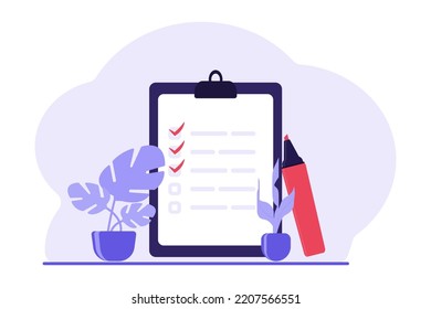 Portapapeles con el icono de la lista de verificación. Lista de comprobación, tareas completas, lista de tareas pendientes, encuesta, conceptos de examen. Concepto de plan de proyecto de trabajo, lista de comprobación rápida. Ilustración vectorial de diseño de estilo plano