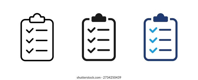 Clipboard checklist icon with completed tasks. Used for task management, to do lists, planning, workflow, control, audit and reports in business, productivity apps, dashboards or user interface design