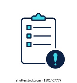 Clipboard or checklist icon with exclamation mark, alert, error, alarm, danger symbol
