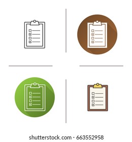 Clipboard checklist icon. Flat design, linear and color styles. To do list. Isolated vector illustrations