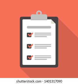 Clipboard with checklist icon. Flat style design of clipboard with checklist icon suitable for web isolated on red background