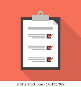 Clipboard with checklist icon. Flat style design of clipboard with checklist icon suitable for web isolated on red background