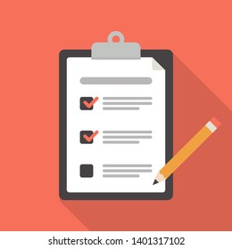Clipboard with checklist icon. Flat style design of clipboard with checklist icon suitable for web isolated on red background