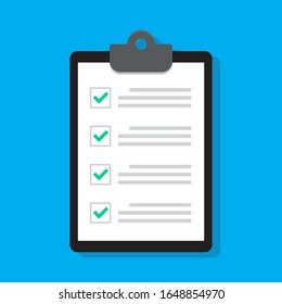 Clipboard or checklist icon in flat style. Done, tick, checkmark, approved signs. Task list, audit report and check symbols. Checklist for modern website, app and logo designs.