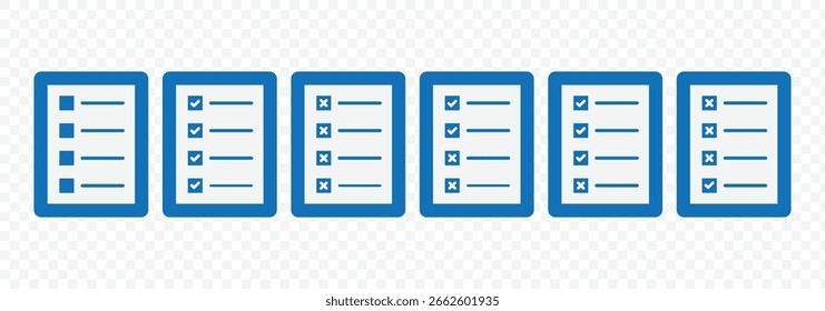 Checklisten-Symbolsatz für die Zwischenablage. Häkchen, Dokument, Häkchen auf Papier und mehr. Perfekt für Web- und App-Schnittstellen, Präsentationen, Infografiken. Vektorgrafik