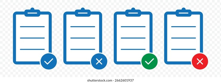 Clipboard Checklist Icon Set. Checkmark, document, checkbox on paper and more. Perfect for web and app interfaces, presentations, infographics. Vector illustration