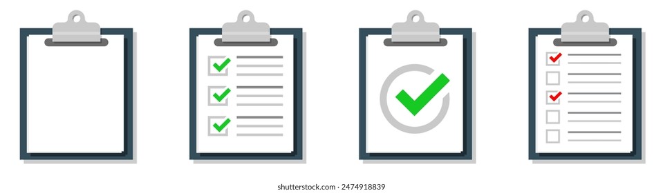 Clipboard with checklist icon set. Flat design style. Round icon. Checklist complete tasks, to-do list, survey, exam icons. Vector illustration