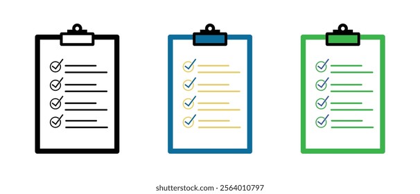 Clipboard with checklist icon set on white background.  To do list vector icon for web site and app design.  Checklist sign.  checklist icon of an approved document. Project completed. Checklist icon.