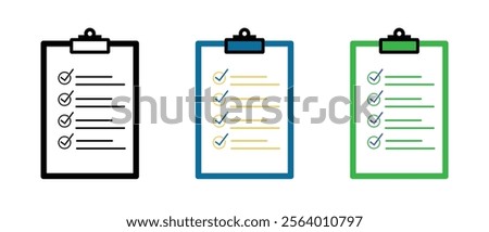 Clipboard with checklist icon set on white background.  To do list vector icon for web site and app design.  Checklist sign.  checklist icon of an approved document. Project completed. Checklist icon.