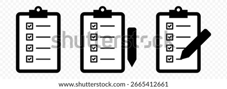 Clipboard Checklist Icon Set. To-Do, Tick Marks, Survey, Productivity Symbols. Checklist symbol. Editable stroke. Vector illustration.