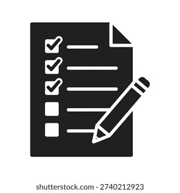 Clipboard checklist icon showing document with tick marks and pencil representing survey task list audit report evaluation