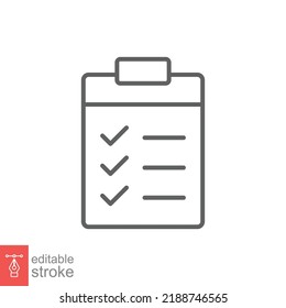 Icono de lista de verificación del portapapeles. Estilo de contorno simple. Documento con marca de verificación, concepto de acuerdo comercial. Ilustración vectorial de línea delgada aislada en fondo blanco. EPS de trazo editable 10.