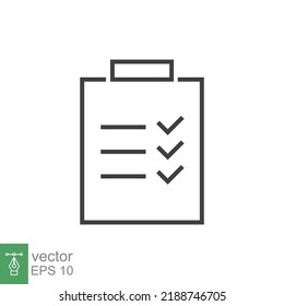 Clipboard checklist icon. Simple outline style. Document with checkmark, business agreement concept. Thin line vector illustration isolated on white background. EPS 10.