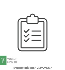Icono de lista de verificación del portapapeles. Estilo de contorno simple. Documento con marca de verificación, concepto de acuerdo comercial. Ilustración vectorial de línea delgada aislada en fondo blanco. EPS 10.