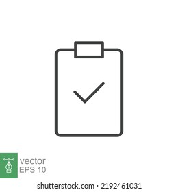 Clipboard checklist icon. Simple outline style. Document with checkmark, business agreement concept. Thin line vector illustration isolated on white background. EPS 10.