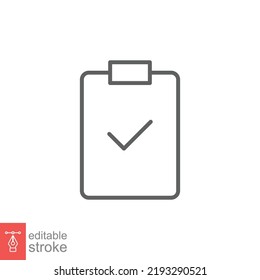 Clipboard checklist icon. Simple outline style. Document with checkmark, business agreement concept. Thin line vector illustration isolated on white background. Editable stroke EPS 10.