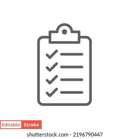 Clipboard checklist icon. Simple outline style. Document with checkmark, business agreement concept. Thin line vector illustration isolated on white background. Editable stroke EPS 10.