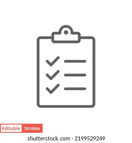 Clipboard checklist icon. Simple outline style. Document with checkmark, business agreement concept. Thin line vector illustration isolated on white background. Editable stroke EPS 10.