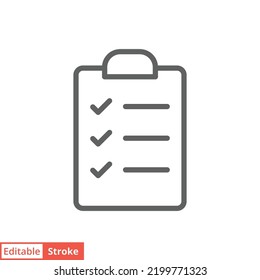 Clipboard checklist icon. Simple outline style. Document with checkmark, business agreement concept. Thin line vector illustration isolated on white background. Editable stroke EPS 10.