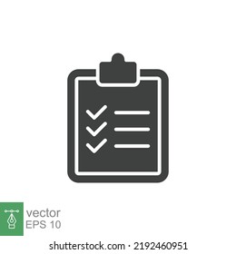 Clipboard checklist icon. Simple solid style. Document with checkmark, business agreement concept. Glyph vector illustration isolated on white background. EPS 10.