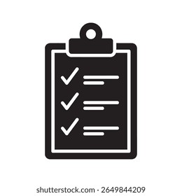 Ícone de lista de verificação da área de transferência para o planejamento do projeto de gerenciamento de tarefas e uma lista de tarefas pendentes representando um documento de relatório de pesquisa e um ícone de glifo sólido do vetor de conclusão bem-sucedida