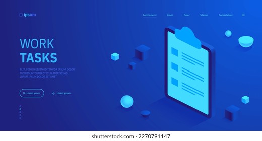 Clipboard with checklist icon. To-do list with check marks, work tasks in office, time management tool, questionnaires concept. Isometric vector illustration for visualization of business presentation