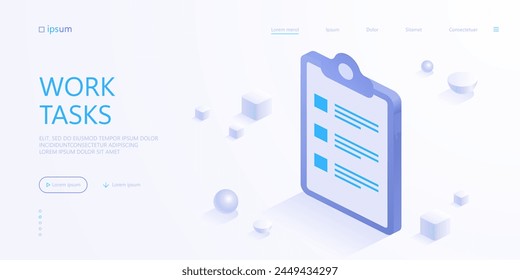 Clipboard with checklist icon. To-do list with check marks, work tasks in office, time management tool, questionnaires concept. Isometric vector illustration for visualization of business presentation