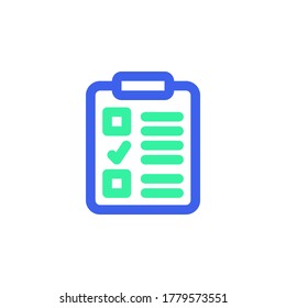 Clipboard checklist icon vector, filled flat sign, bicolor pictogram, green and blue colors. Symbol, logo illustration