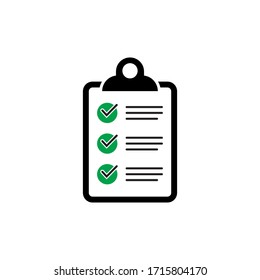 Clipboard with checklist icon for web with green check boxes isolated on white background.