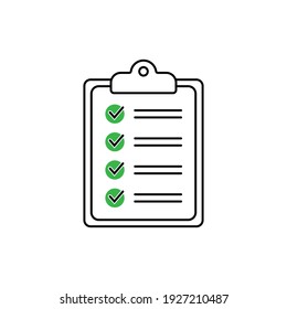 Clipboard with checklist icon for web with green check boxes isolated on white background.