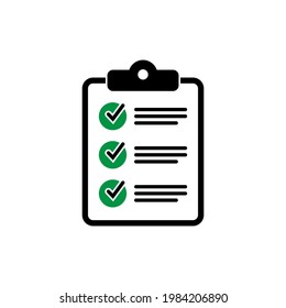 Clipboard with checklist icon for web with green check boxes isolated on white background.