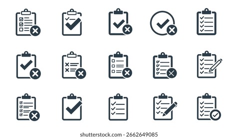 Ícones da lista de verificação da área de transferência com marcas de verificação e cruzes na silhueta Estilo silhueta